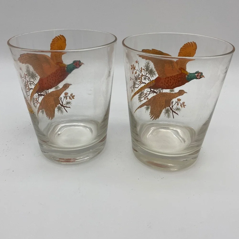 Vintage Pheasant Game Bird Drinking Glass Set of 2 Clear Tapered MCM Barware